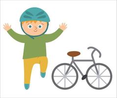 Cute boy in helmet jumping with joy with hands up. Happy kid with bicycle. Vector summer camp illustration. Camping character with bike. Tourist icon.