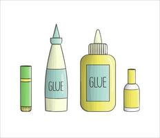 Set of glue icons. Vector colored stationery, writing materials, office or school supplies isolated on white background. Cartoon style