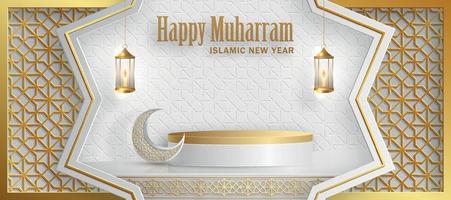 Happy Muharram, the Islamic New Year, new Hijri year design with gold pattern on paper color background vector