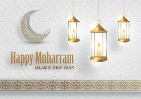 Happy Muharram, the Islamic New Year, new Hijri year design with gold pattern on paper color background vector