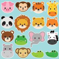 Cute wild animal heads set including lion, tiger, pig, bear, lioness, panda, monkey, zebra, and giraffe. Faces of  jungle animals Safari vector