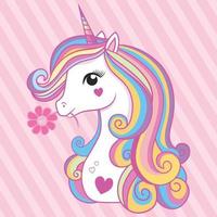 Cute unicorn head white Rainbow color. Unicorn white vector head with mane and horn on pink