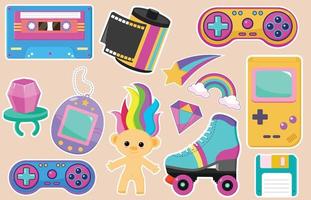 Collection of colorful stickers in 90s style. Items from the 80s and 90s. Retro badges, and patches for your design vector