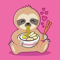 lindo perezoso comiendo fideos ramen en un tazón. vector