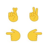 Hand gesture emojis color icons set. Luck, lie, victory, peace gesturing. Backhand index pointing left and right. Isolated vector illustrations