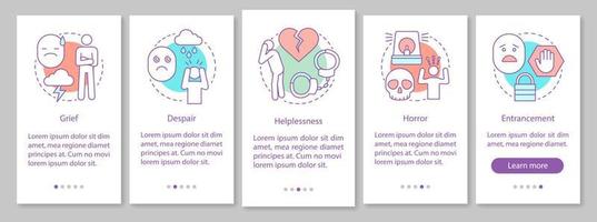 plantilla de vector de pantalla de página de aplicación móvil de incorporación de depresión. tristeza. circunstancias sin esperanza. pánico, trastorno bipolar. salud mental. paso a paso del sitio web. ux, ui, interfaz de teléfono inteligente gui
