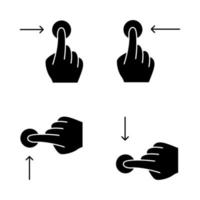 Touchscreen gestures glyph icons set. Horizontal scroll left, horizontal scroll right gesturing. Vertical scroll up and scroll down. Human fingers. Silhouette symbols. Vector isolated illustration