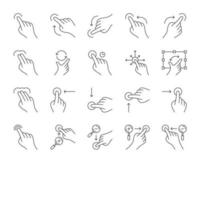 Touchscreen gestures linear icons set. Tap, point, 2x tap, 3x click gesturing. Flick, zoom gesture. Scroll up, down. Drag finger all directions. Thin line contour symbol. Isolated vector illustrations