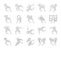 Touchscreen gestures linear icons set. Tap, point, 2x tap, 3x click gesturing. Flick, zoom gesture. Scroll up, down. Drag finger all directions. Thin line contour symbol. Isolated vector illustrations