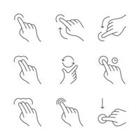 Touchscreen gestures linear icons set. Tap, click, 2x tap, drag. Flick up, flick down. Scroll up, scroll down. Touch and hold. Thin line contour symbols. Isolated vector illustrations. Editable stroke