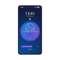 Face recognition app smartphone interface vector template. Mobile page blue design layout. Face lock. Facial scanner. Identity verification. Flat UI for application. Biometric security. Phone display