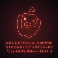Pepper cute kawaii neon light character. Vegetable with smiling face. Happy food. Funny emoji, emoticon, smile. Glowing icon with alphabet, numbers, symbols. Vector isolated illustration
