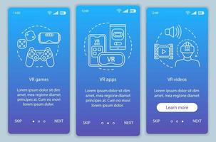 Virtual reality programs onboarding mobile app page screen with linear concepts. VR entertainment. VR games, apps, videos walkthrough steps graphic instructions. UX, UI, GUI vector template with icons