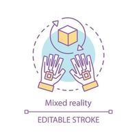 Mixed reality concept icon. Haptic gloves. Augmented, extended reality possibilities idea thin line illustration. Vector isolated outline drawing. Editable stroke