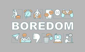 Boredom word concepts banner. Wasting of time. Apathy. Sad person. Boring work. Procrastination. Presentation, website. Isolated lettering typography idea, linear icons. Vector outline illustration
