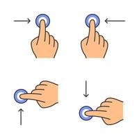 Touchscreen gestures color icons set. Horizontal scroll left, horizontal scroll right gesturing. Vertical scroll up and vertical scroll down. Human fingers. Isolated vector illustrations