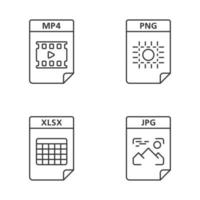 Files format linear icons set. Multimedia, image, spreadsheet files. MP4, PNG, XLSX, JPG. Thin line contour symbols. Isolated vector outline illustrations. Editable stroke