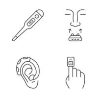 Medical devices linear icons set. Digital thermometer, anti snoring clip, hearing amplifier, finger pulse oximeter. Thin line contour symbols. Isolated vector outline illustrations. Editable stroke