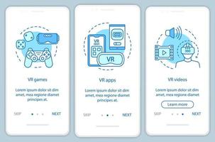 Virtual reality programs onboarding mobile app page screen with linear concepts. VR entertainment. VR games, apps, videos walkthrough steps graphic instructions. UX, UI, GUI vector template with icons