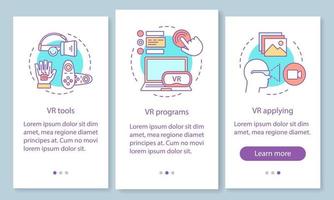 Virtual reality environment onboarding mobile app page screen with linear concepts. VR tools, programs, applying walkthrough steps graphic instructions. UX, UI, GUI vector template with illustrations