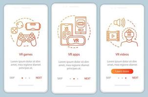 Virtual reality programs onboarding mobile app page screen with linear concepts. VR entertainment. VR games, apps, videos walkthrough steps graphic instructions. UX, UI, GUI vector template with icons