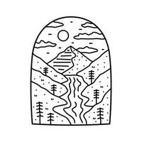 diseño monoline de la montaña natural y el río, diseño para camiseta, insignia, pegatina, etc. vector