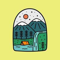 camp in with mountain and waterfall design for badge patch emblem graphic vector art t-shirt design