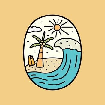 Summer vibes, coconut and surfboard with waves in the beach design for badge patch emblem graphic vector art t-shirt design