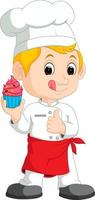 Funny cartoon chef showing delicious cake vector