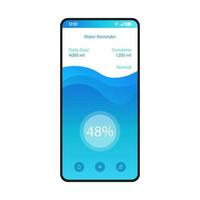 Water reminder app smartphone interface vector template. Mobile daily water application blue design layout. Hydration tracker screen. Aqua monitoring flat UI. Drinking daily goal fill on phone display