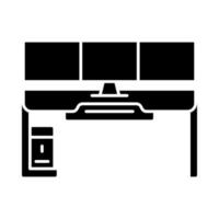 Gaming desk glyph icon. Esports environment. Ergonomic furniture for gameplay. Gamer computer table. Silhouette symbol. Negative space. Vector isolated illustration