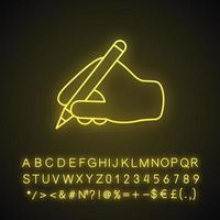 Writing hand neon light icon. Hand holding pen or pencil. Copywriting. Text editing. Glowing sign with alphabet, numbers and symbols. Vector isolated illustration