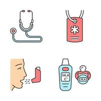 conjunto de iconos de color de dispositivos médicos. estetoscopio, collar de identificación de alerta médica, inhalador, termómetro digital para bebés. frecuencia cardíaca, monitor de temperatura, entrenador de respiración, etiqueta de identificación. ilustraciones de vectores aislados