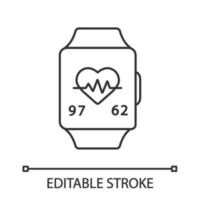 Fitness bracelet linear icon. Pedometer. Cardio activity indicator. Heart rate, pulse meter. Smart band. Thin line illustration. Contour symbol. Vector isolated outline drawing. Editable stroke