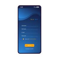 Sign up form smartphone interface vector template. Mobile app blue design layout. Register fields page screen. Flat UI for application. New user registration. Create account. Sign in. Phone display