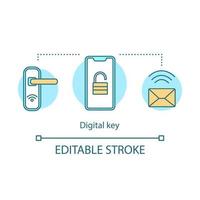 Digital key concept icon. Wireless, keyless padlock. NFC smart door lock. Remote control hotel padlock. Door unlocking idea thin line illustration. Vector isolated outline drawing. Editable stroke