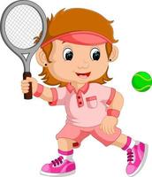 niña jugando al tenis con una raqueta vector