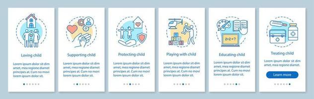 Child custody onboarding mobile app page screen with linear concepts. Love, support, protect, educate, treat walkthrough steps graphic instructions. UX, UI, GUI vector template with illustrations