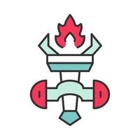 Medieval burning torch color icon. Ancient wall light, lamp. Fire cresset in holder on wall. Isolated vector illustration