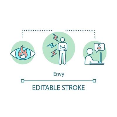 Envy feeling concept icon. Angry human idea thin line illustration. Jealousy, grudge. Emotion of grudge. Social inequality. Hatred person. Vector isolated outline drawing. Editable stroke