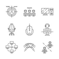 linear icons set. Videogame tournament. Game for player and team. Shooting. Computer devices. Local area network. Thin line contour symbols. Isolated vector outline illustrations. Editable stroke