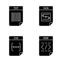Files format glyph icons set. Text, image, web page file. TXT, SVG, CSS, PHP. Silhouette symbols. Vector isolated illustration
