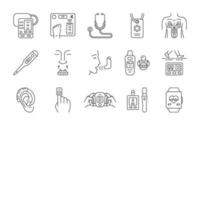 Medical devices linear icons set. Stethoscope, inhaler, oximeter, thermometer, pedometer, glucometer, smart scales. Thin line contour symbols. Isolated vector outline illustrations. Editable stroke