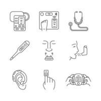 Medical devices linear icons set. Blood pressure monitor, body weight smart scales, inhaler, finger pulse oximeter. Thin line contour symbols. Isolated vector outline illustrations. Editable stroke