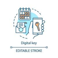 Digital key concept icon. Wireless, keyless padlock. NFC smart door lock. Remote control hotel padlock. Room booking. Door unlock idea thin line illustration. Vector outline drawing. Editable stroke