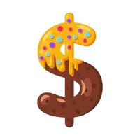 Ilustración de vector de símbolo de dólar de dibujos animados de donut. estilo de fuente en negrita de galleta. signo de matemáticas en negrita vidriado con glaseado. tentadora tipografía de diseño plano. galletas, signo de chocolate. pastelería, panadería clipart aislado