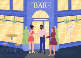 Young people standing near bar entrance flat color vector illustration