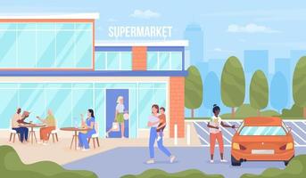personas que visitan la ilustración de vector de color plano de supermercado urbano