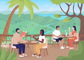 Guests enjoying food at exotic resort flat color vector illustration