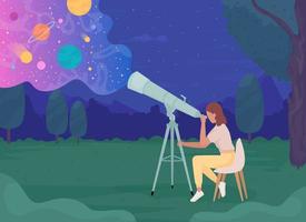 Young astronomer with telescope looking at celestial bodies flat color vector illustration